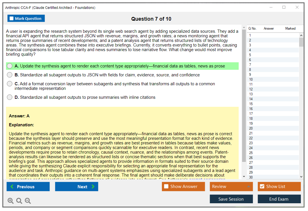 Anthropic CCA-F (Claude Certified Architect - Foundations) Exam Simulator Test Engine Exam Question 7