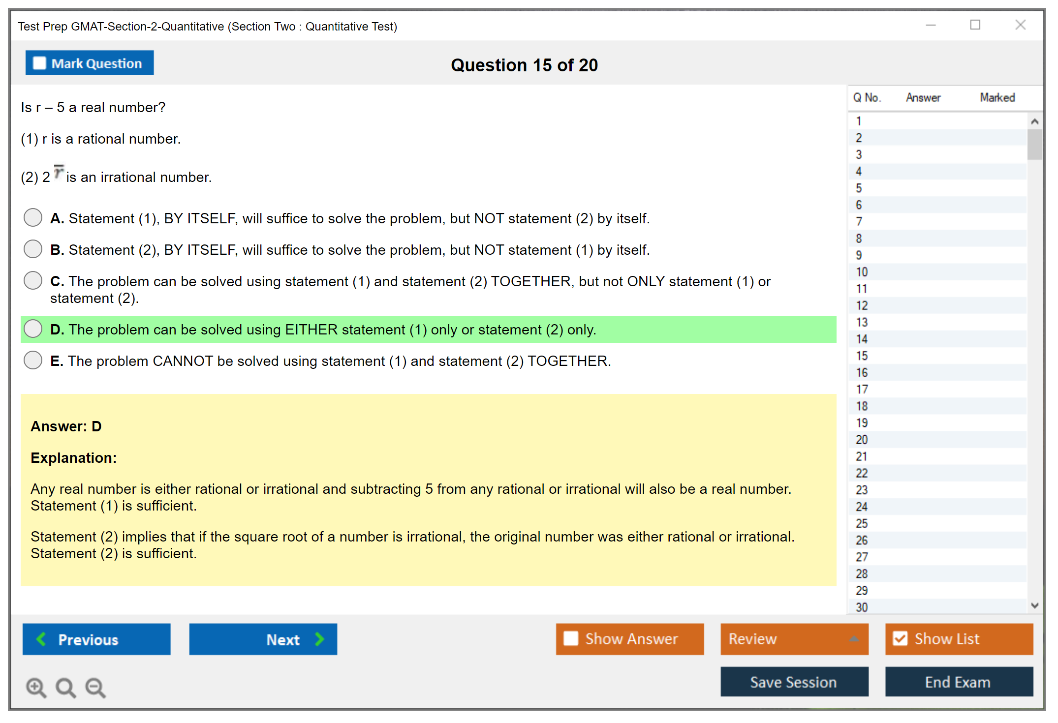 Test Prep GMAT-Section-2-Quantitative (Section Two : Quantitative Test) Exam Simulator Test Engine Exam Question 15