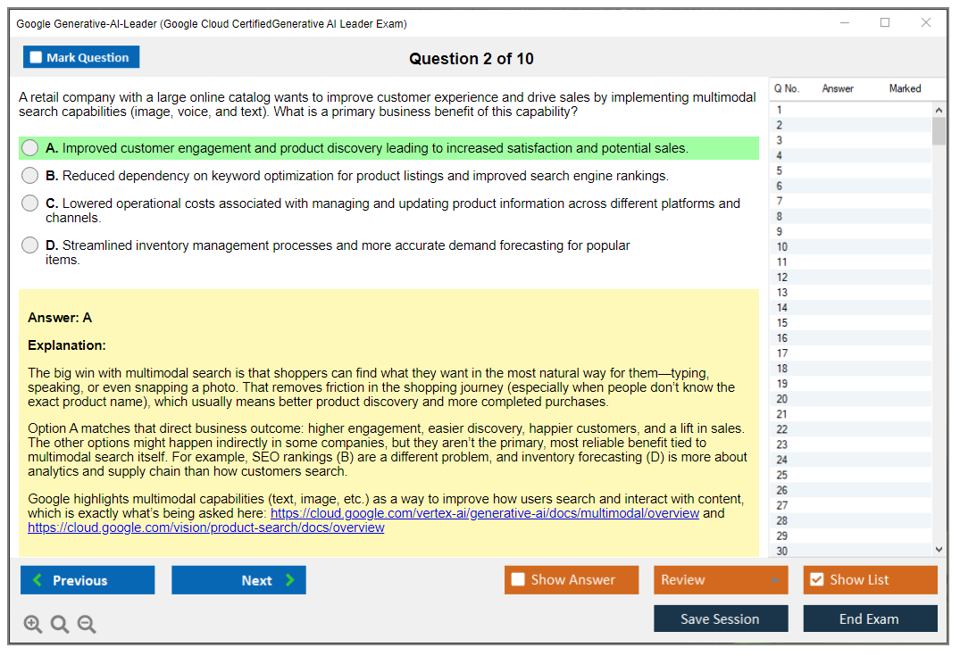 Google Generative-AI-Leader (Google Cloud CertifiedGenerative AI Leader Exam) Exam Simulator Test Engine Exam Question 2
