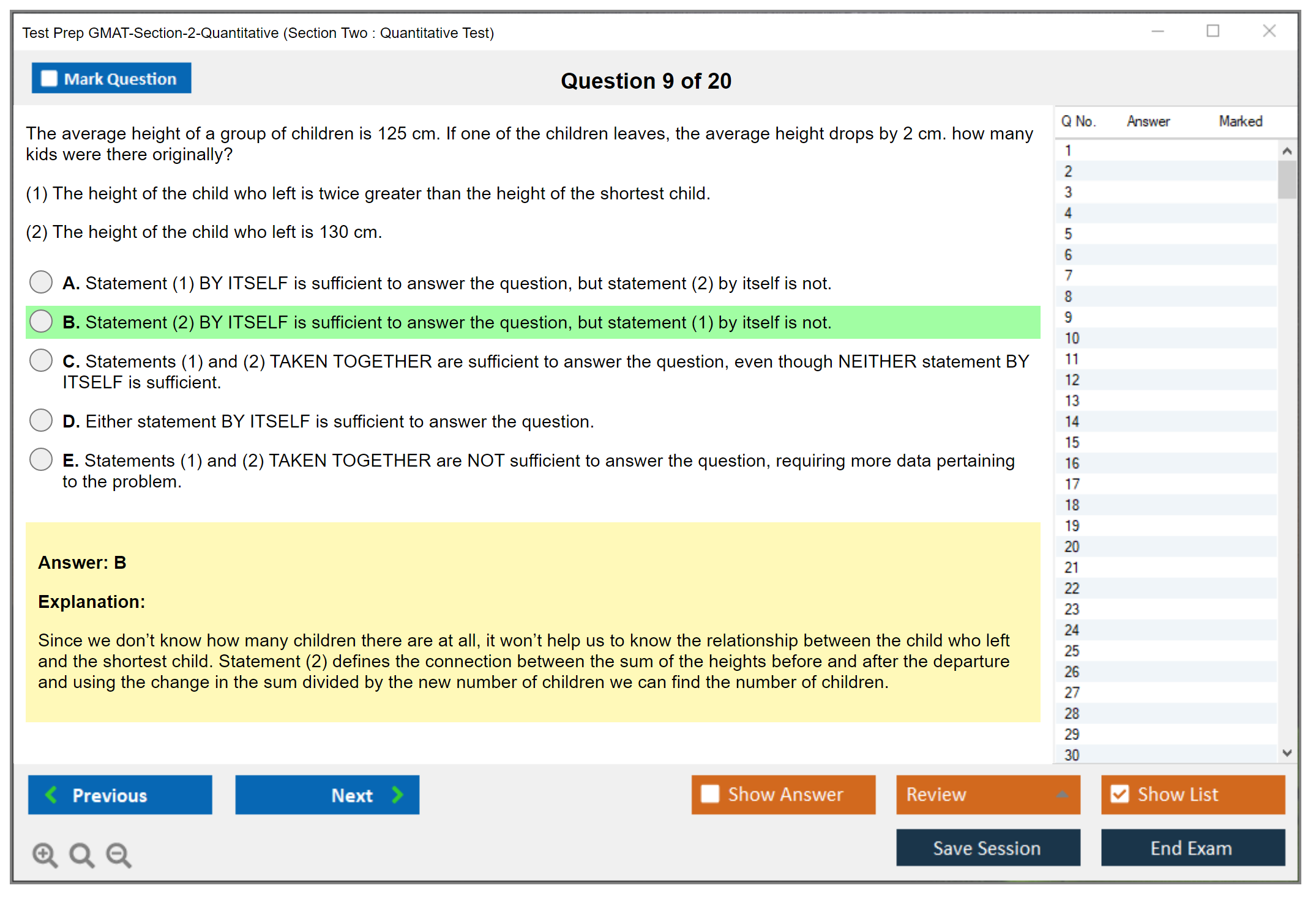 Test Prep GMAT-Section-2-Quantitative (Section Two : Quantitative Test) Exam Simulator Test Engine Exam Question 9