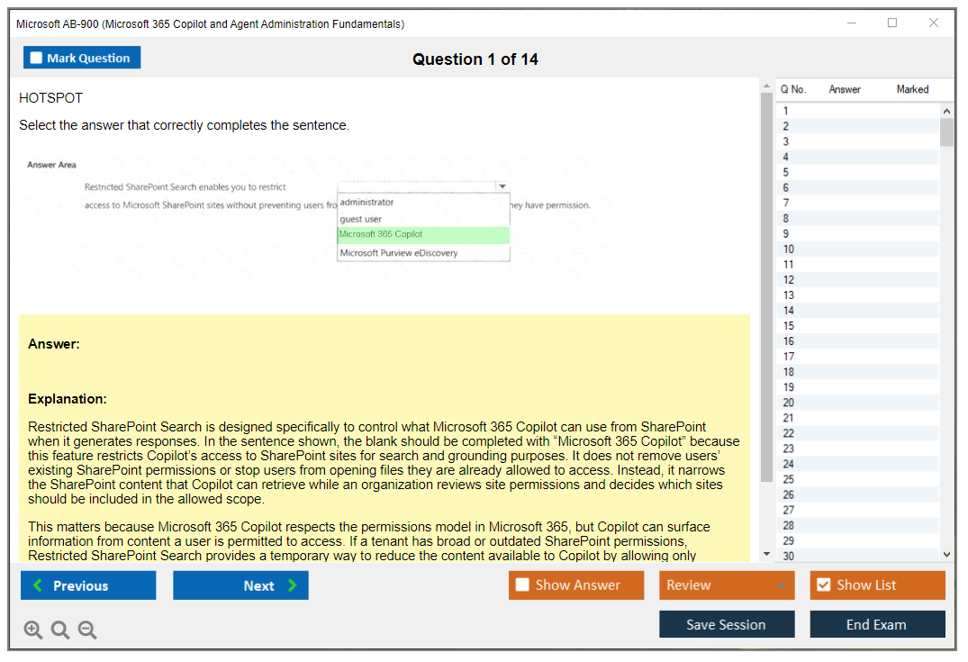 Microsoft AB-900 (Microsoft 365 Copilot and Agent Administration Fundamentals) Exam Simulator Test Engine Exam Question 1