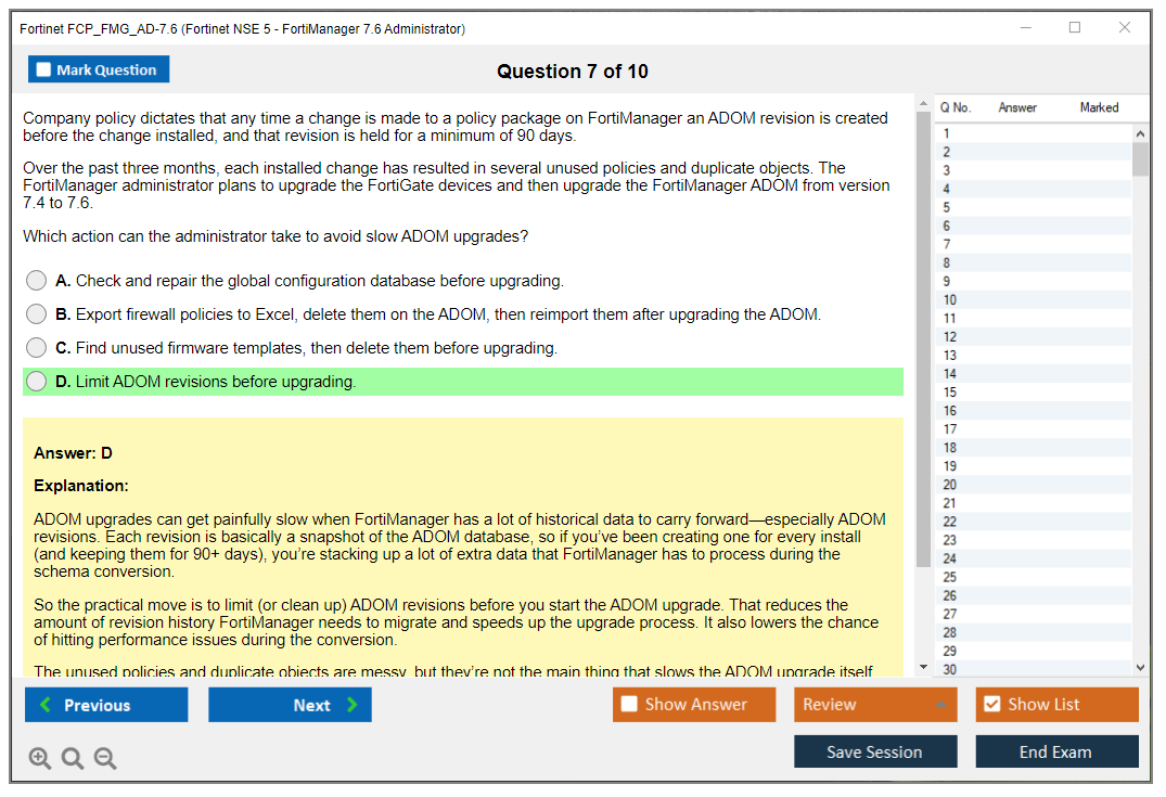 Fortinet FCP_FMG_AD-7.6 (Fortinet NSE 5 - FortiManager 7.6 Administrator) Exam Simulator Test Engine Exam Question 7