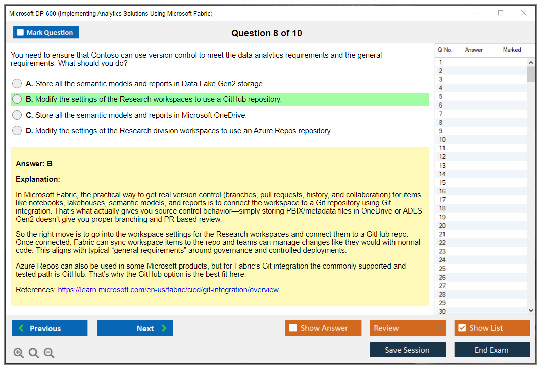 Microsoft DP-600 (Implementing Analytics Solutions Using Microsoft Fabric) Exam Simulator Test Engine Exam Question 8