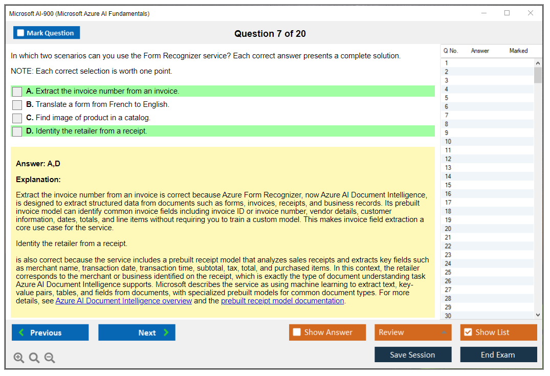 Microsoft AI-900 (Microsoft Azure AI Fundamentals) Exam Simulator Test Engine Exam Question 7