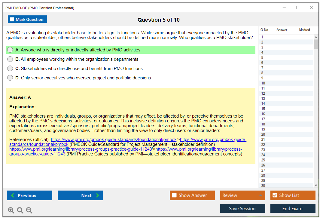 PMI PMO-CP (PMO Certified Professional) Exam Simulator Test Engine Exam Question 5