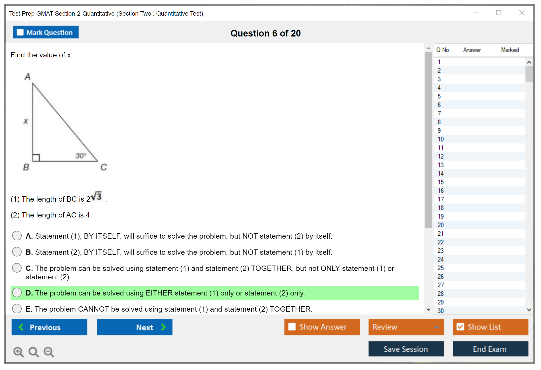 Test Prep GMAT-Section-2-Quantitative (Section Two : Quantitative Test) Exam Simulator Test Engine Exam Question 6