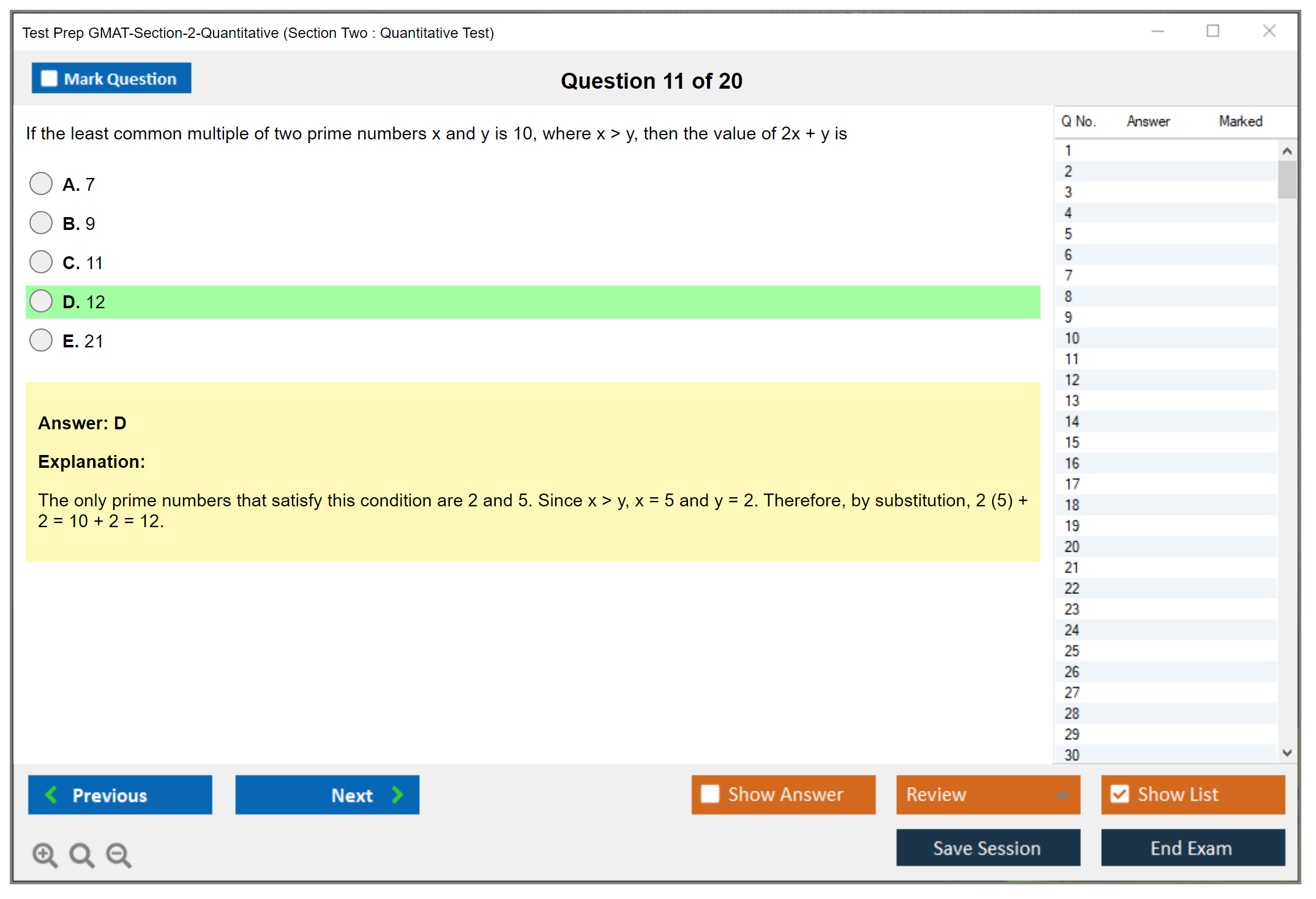 Test Prep GMAT-Section-2-Quantitative (Section Two : Quantitative Test) Exam Simulator Test Engine Exam Question 11