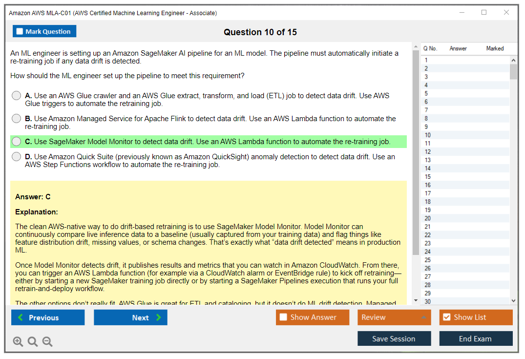 Amazon AWS MLA-C01 (AWS Certified Machine Learning Engineer - Associate) Exam Simulator Test Engine Exam Question 10