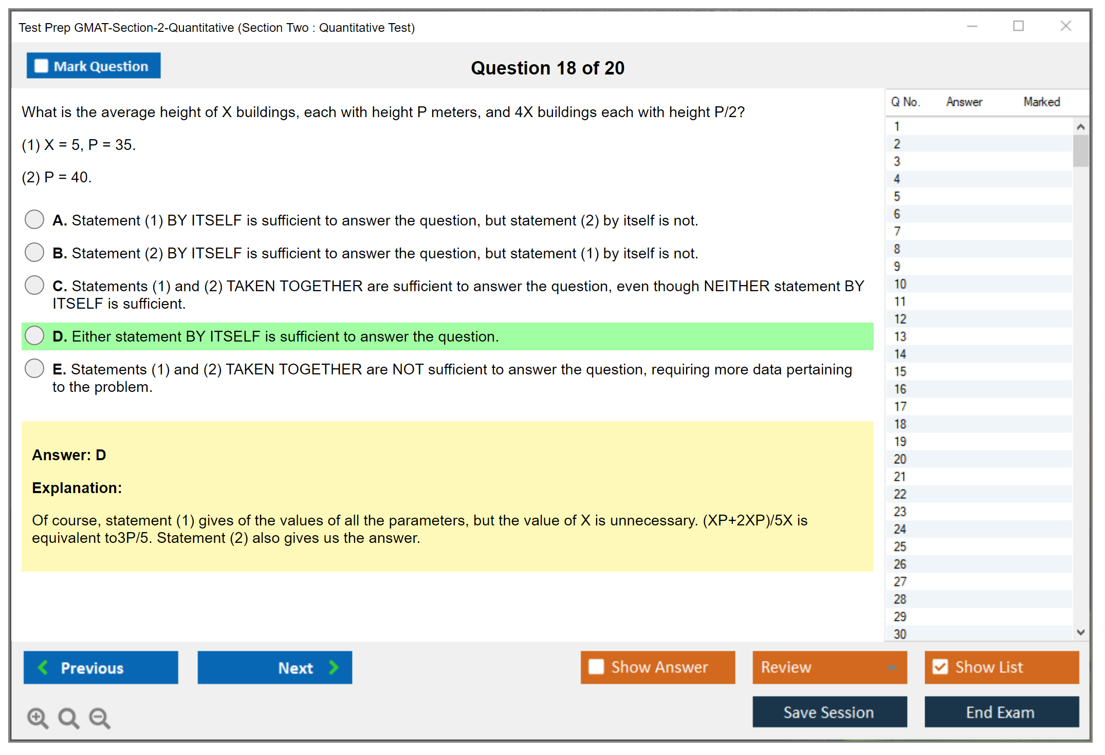 Test Prep GMAT-Section-2-Quantitative (Section Two : Quantitative Test) Exam Simulator Test Engine Exam Question 18