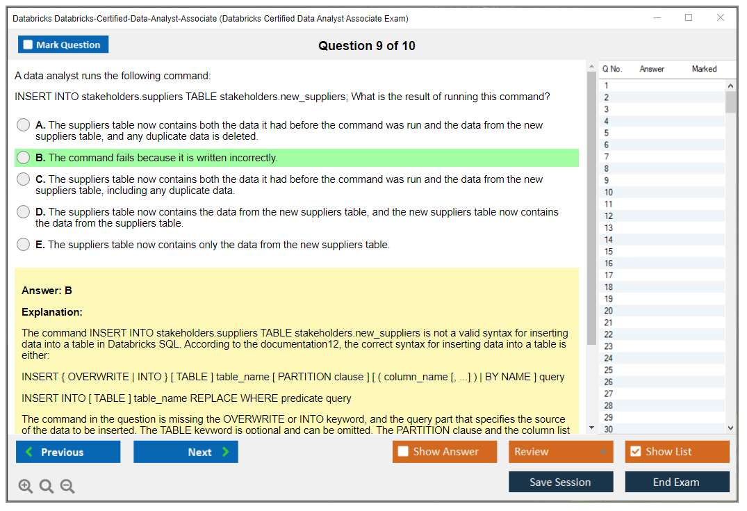 Databricks Databricks-Certified-Data-Analyst-Associate (Databricks Certified Data Analyst Associate Exam) Exam Simulator Test Engine Exam Question 9