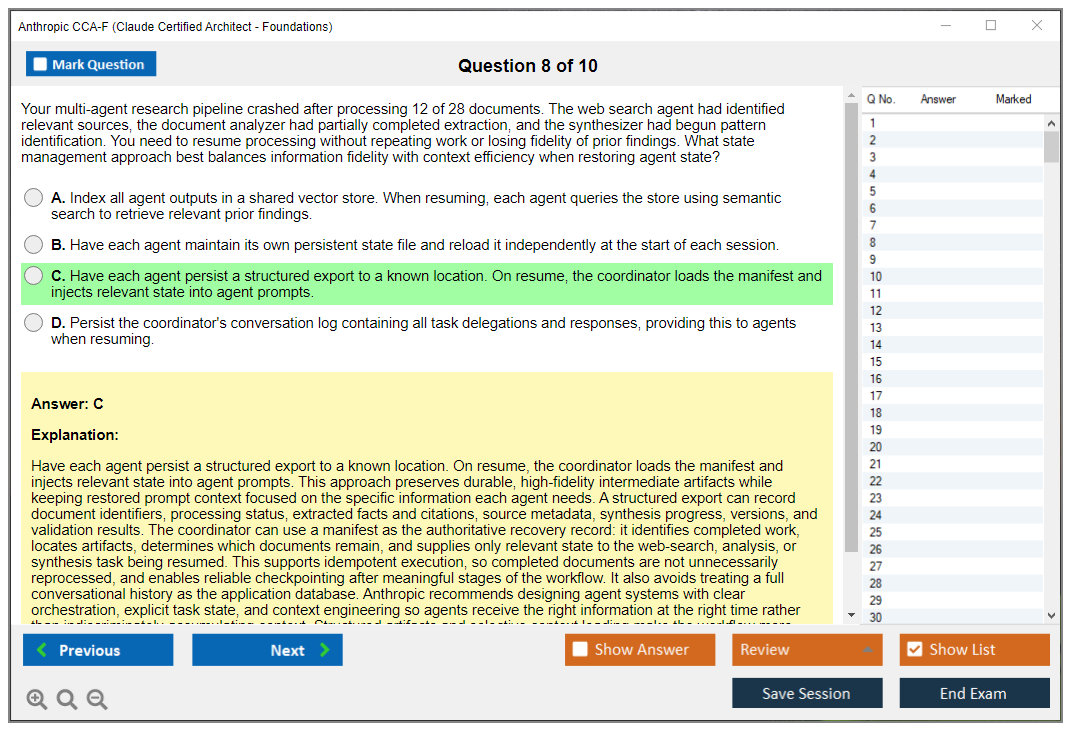 Anthropic CCA-F (Claude Certified Architect - Foundations) Exam Simulator Test Engine Exam Question 8