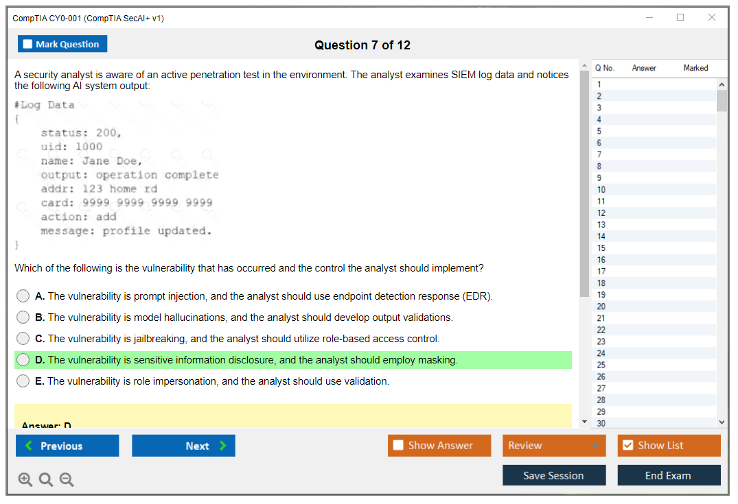 CompTIA CY0-001 (CompTIA SecAI+ v1) Exam Simulator Test Engine Exam Question 7