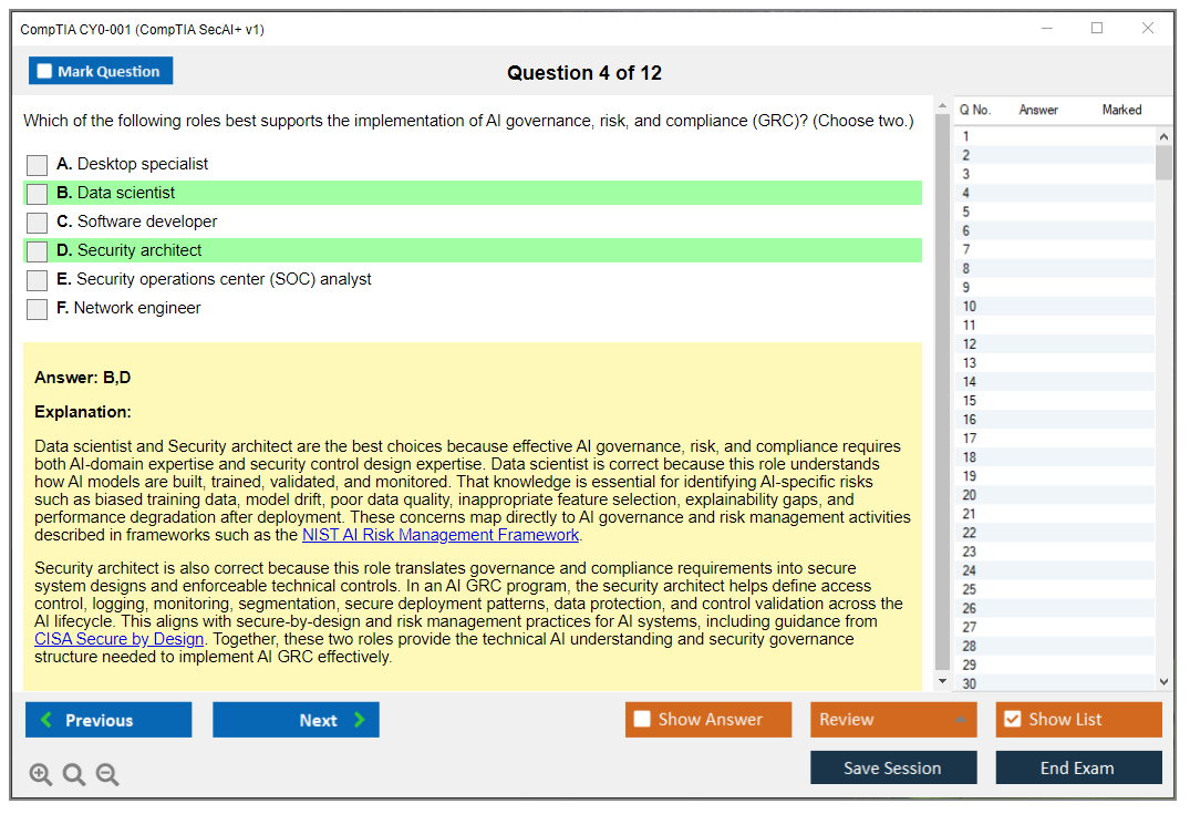CompTIA CY0-001 (CompTIA SecAI+ v1) Exam Simulator Test Engine Exam Question 4