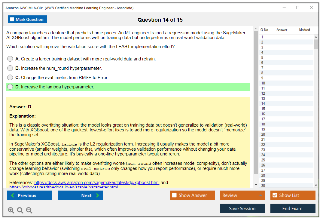 Amazon AWS MLA-C01 (AWS Certified Machine Learning Engineer - Associate) Exam Simulator Test Engine Exam Question 14