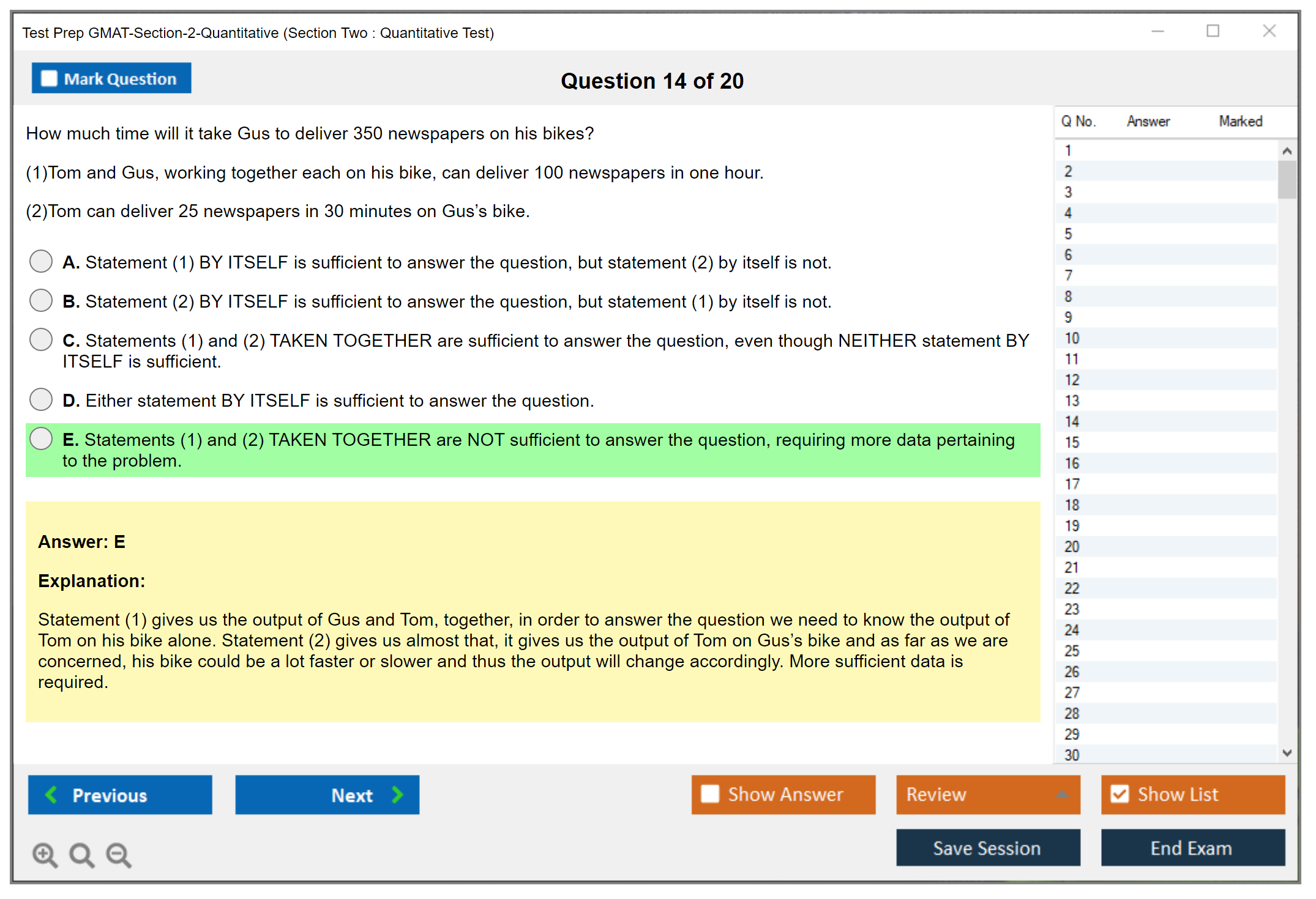 Test Prep GMAT-Section-2-Quantitative (Section Two : Quantitative Test) Exam Simulator Test Engine Exam Question 14