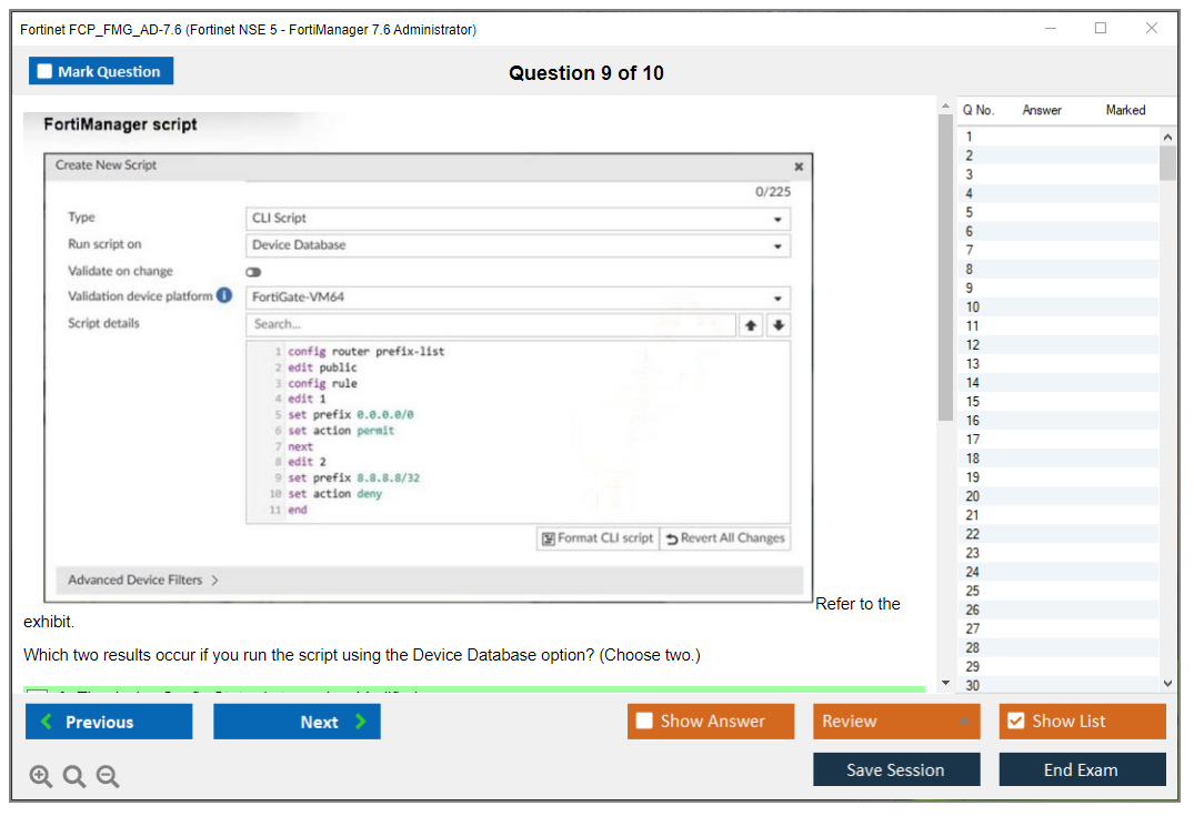 Fortinet FCP_FMG_AD-7.6 (Fortinet NSE 5 - FortiManager 7.6 Administrator) Exam Simulator Test Engine Exam Question 9