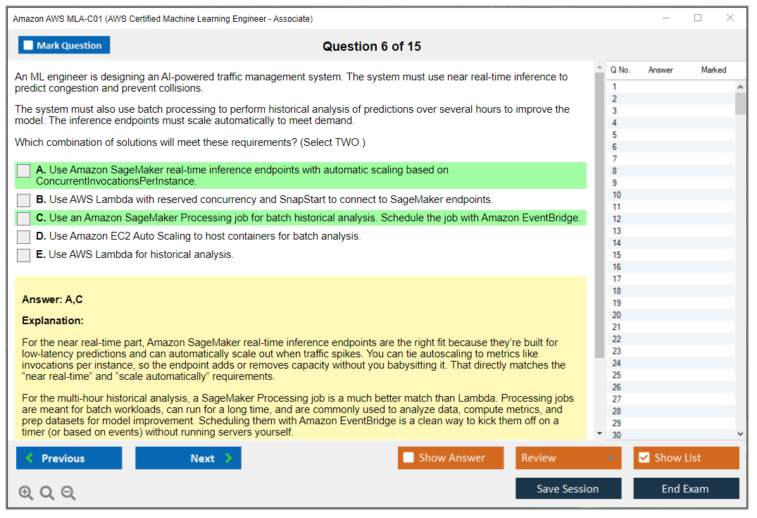 Amazon AWS MLA-C01 (AWS Certified Machine Learning Engineer - Associate) Exam Simulator Test Engine Exam Question 6