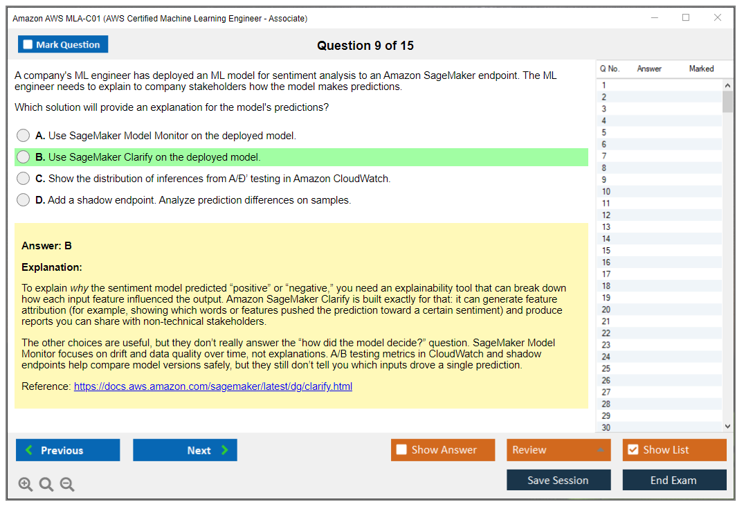 Amazon AWS MLA-C01 (AWS Certified Machine Learning Engineer - Associate) Exam Simulator Test Engine Exam Question 9